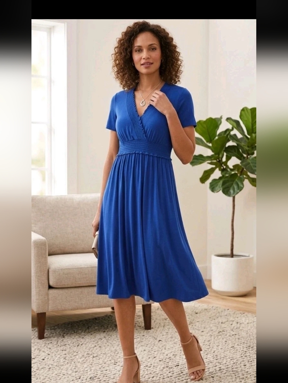 Talbots Blue A-Line Sping/Summer Dress Short Sleeve V-Neck Knee Length